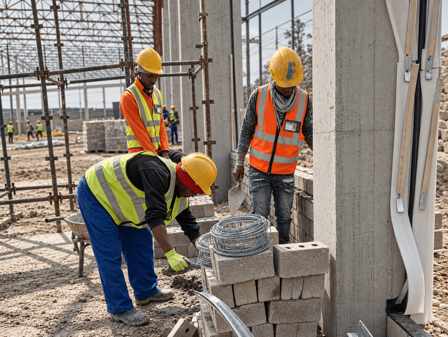 Workers laying masonry on an active construction site