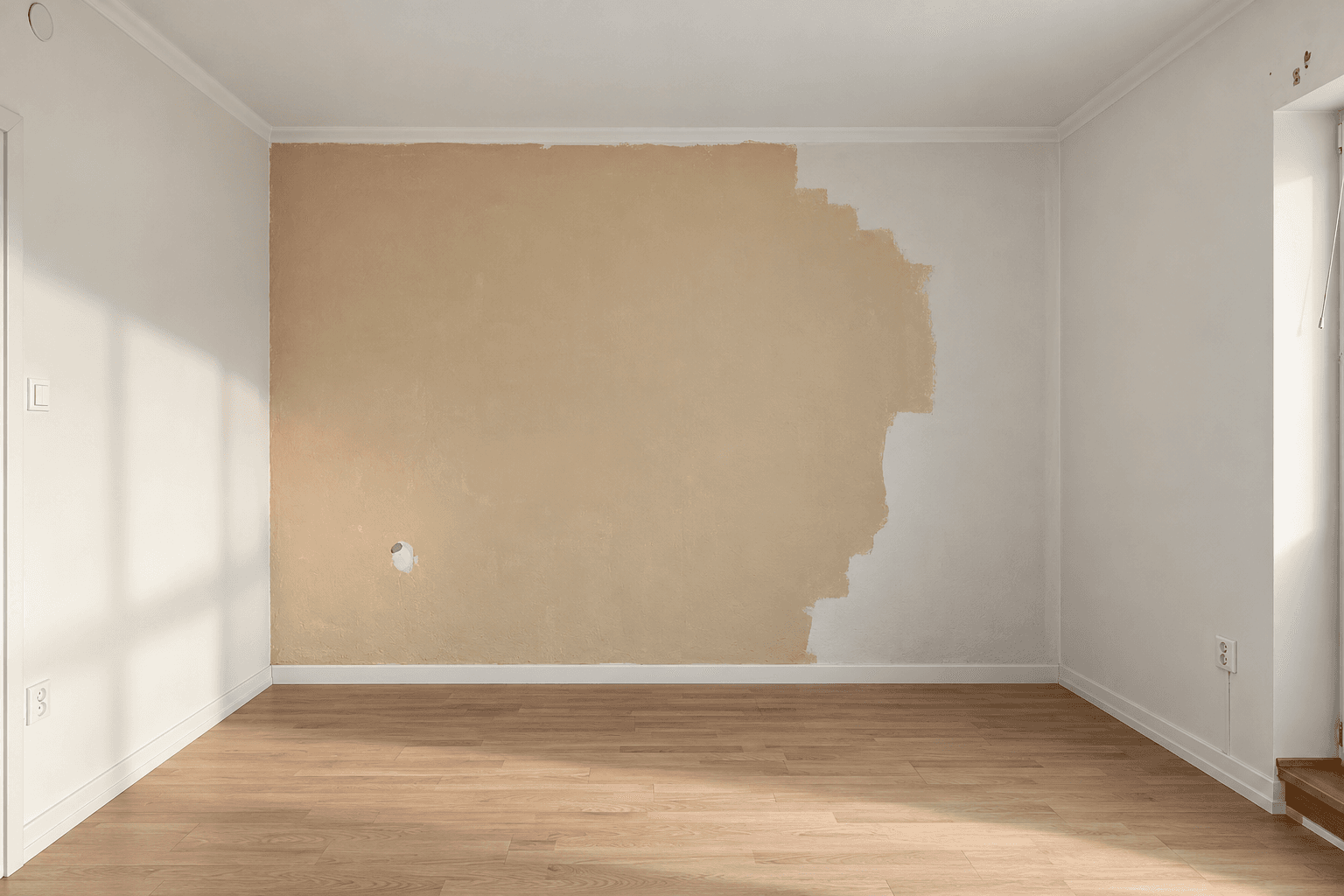 A room with a partially painted wall