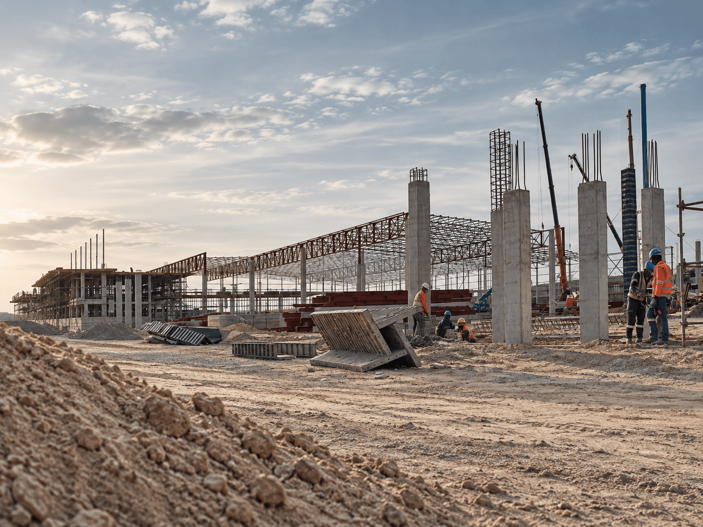 Construction site with concrete columns and workers